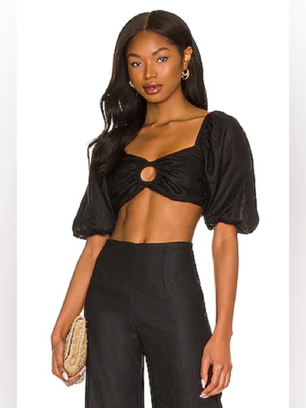 FAITHFULL THE BRAND La Marches Cropped Linen Top Black Puff Sleeve Size 6